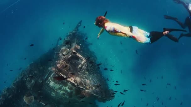 Человек Ныряет Рядом Кораблекрушением Кораллами Тропическом Море Мальдивах — стоковое видео