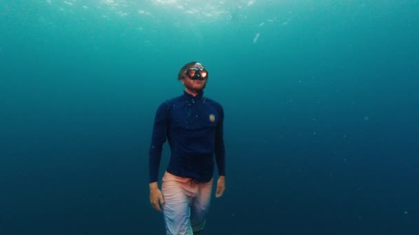 Man Swims Underwater Tropical Sea — Stock Video