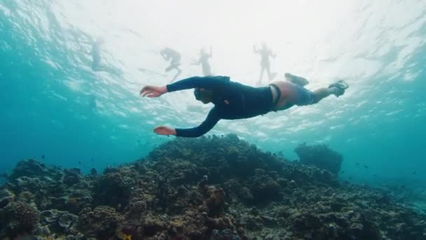 Mens Zwemt Onderwater Tropische Zee — Stockvideo