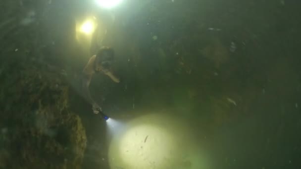 洞窟が解放された フリーダイバーは出口を失い トーチで泳いでいるを探します — ストック動画