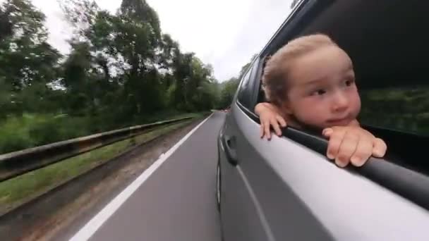トッドラーの女の子は車の中で移動し 風の流れを楽しむオープンウィンドウからの道を見ます — ストック動画