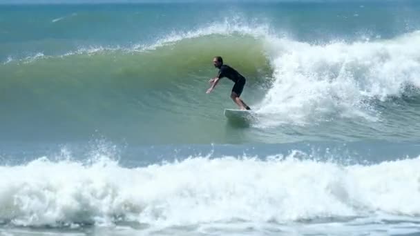 Surfista Monta Ola Hace Maniobra Corte Cae — Vídeo de stock