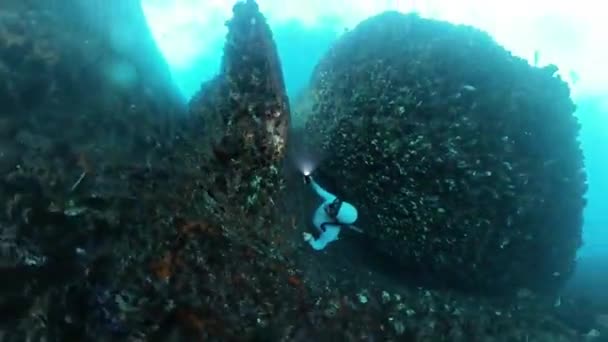 Freediver Swims Underwater Sea Ascends Narrow Cave — Stock Video
