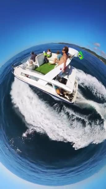 Boat Passengers Move Open Sea Sunny Day Spherical Little Planet — Stock Video