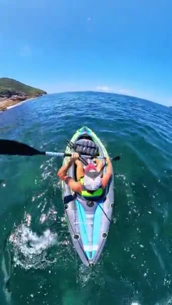 Man Paddles Kayak Open Sea Pov Man Paddling Kayak — Stock Video