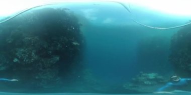 360VR su altı görüntülerinde serbest dalgıcın Batı Papua 'daki tropikal denizde eğlendiği ve su altında halka baloncukları çıkardığı görülüyor. Misool Adası, Raja Ampat, Endonezya