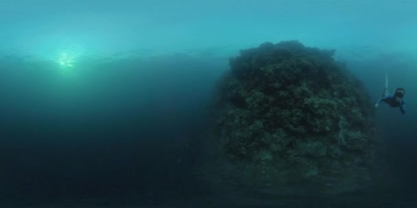 인도네시아 파푸아의 바다의 산호초 근처에서 수영하는 프리다이버의 360Vr — 비디오