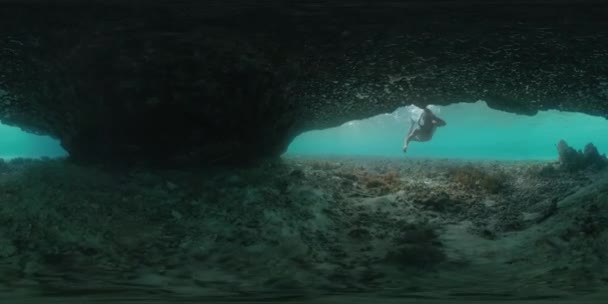 360Vr Подводные Кадры Мужчина Плавает Плавает Маской Голубом Чистом Тропическом — стоковое видео