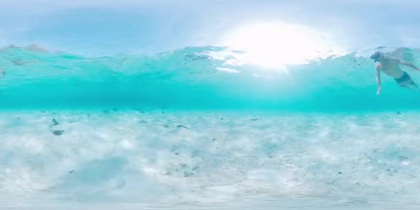360Vr インドネシア西パプアの青い澄んだ熱帯海で泳ぎ シュノーケリングする男の水中映像 — ストック動画