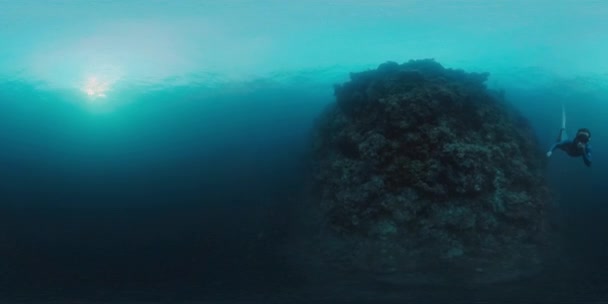 인도네시아 파푸아의 바다의 산호초 근처에서 수영하는 프리다이버의 360Vr — 비디오