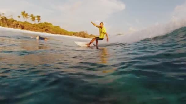 Surfista Camisa Amarela Monta Onda Nas Maldivas — Vídeo de Stock