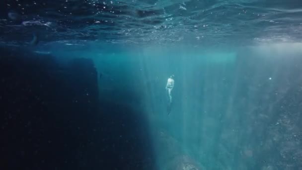 Freediver Nada Debaixo Água Mar Sobe Perto Rocha — Vídeo de Stock