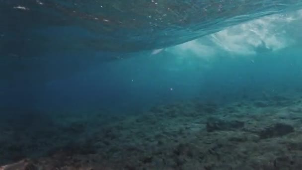Onderwater Zicht Golf Breken Malediven Met Surfer Vallen Het Water — Stockvideo