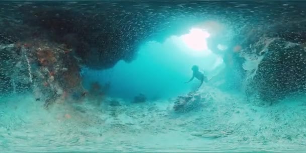 Filmación Del Freediver Nadando Bajo Agua Mar Tropical Explorando Intrincados — Vídeos de Stock