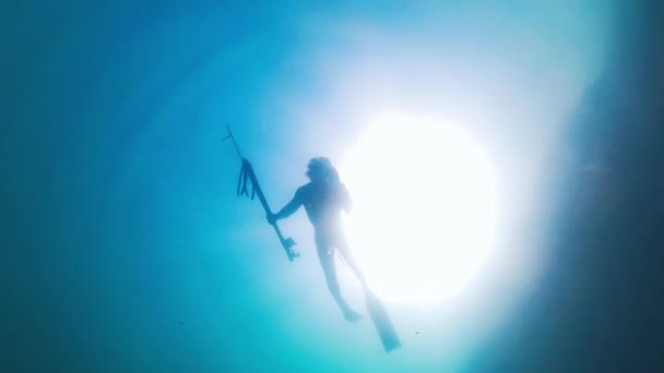 Egy Szigonypuskás Férfi Úszik Víz Alatt Óceánban — Stock videók