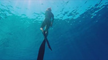 Bikinili kadın serbest yüzücü tropikal denizde suyun altında yüzüyor.