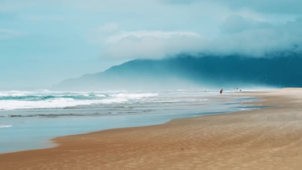 Playa Arena Montañas Cubiertas Niebla Florianopolis Brasil Playa Campeche — Vídeos de Stock