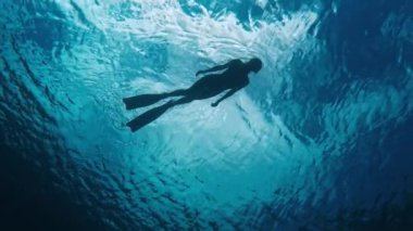 Denizde yüzen kadının sualtı görüntüsü.