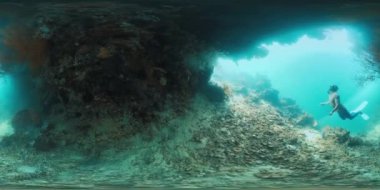 Endonezya 'nın Raja Ampat bölgesindeki sağlıklı mercan resiflerinde yüzen erkek serbest dalgıcın sualtı görüntüleri.