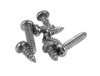 Metal kendi kendine dokunabilen vidalar beyaz arka planda izole edilmiş. Tasarım ayrıntıları. Tasarım elemanları. Makro. Tam odaklanma. Kartvizitler, kartpostallar ve posterler için arka plan.