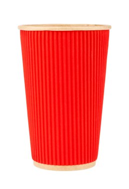 Kırmızı kağıt bardak beyaz arka planda izole edilmiş. Tasarım ayrıntıları. Tasarım elemanları. Makro. Tam odaklanma. Kartvizitler, kartpostallar ve posterler için arka plan.