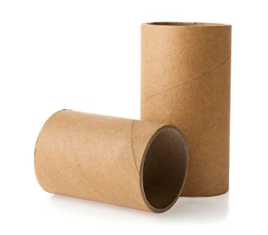 Beyaz arka planda karton borular izole edilmiş. Tasarım ayrıntıları. tasarım elemanları. Makro. Tam odaklanma. Kartvizitler, kartpostallar ve posterler için arka plan.