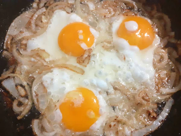 Fried Eggs Onions Frying Pan Detail Design Design Elements Macro — Stock Photo, Image