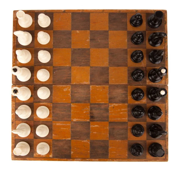 Черные Шахматные Фигуры Старой Винтажной Доске Изолированы Белом Фоне Вид — стоковое фото