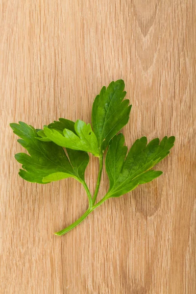 Parsley greens isolated on a wooden background.  Detail for design. Design elements. Macro. Full focus. Background for business cards, postcards and posters.