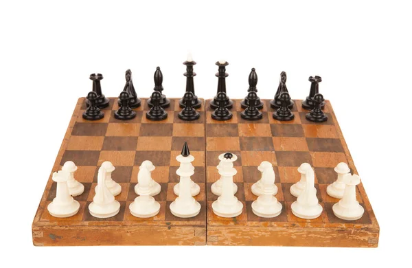 Черные Шахматные Фигуры Старой Винтажной Доске Изолированы Белом Фоне Место — стоковое фото