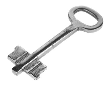 Beyaz arka planda izole edilmiş eski metal anahtar. Tasarım ayrıntıları. Tasarım elemanları. Makro. Kartvizitler, kartpostallar ve posterler için arka plan.