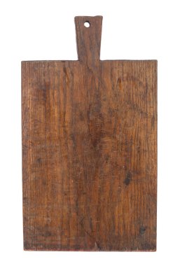 Eski kesme tahtası beyaz arka planda izole edilmiş. Tasarım ayrıntıları. Tasarım elemanları. Makro. Kartvizitler, kartpostallar ve posterler için arka plan.