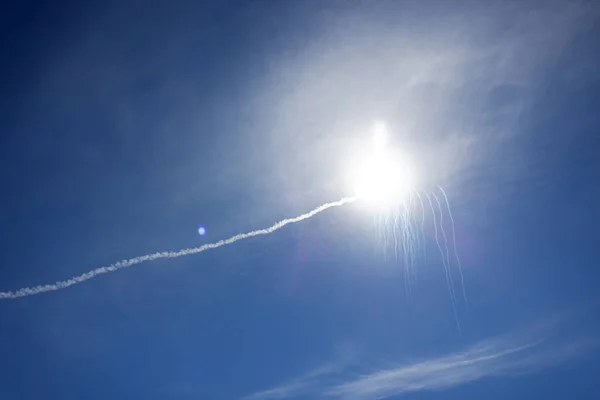Trail launch anti-missile in the sky. Missile trail of air defense raiders of military mobile anti-aircraft systems during the military conflict, the war between Russia and Ukraine