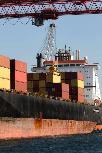 Terminal Logistyczny Wysyła Kontenery Importowo Eksportowe Statek Towarowy Porcie Morskim — Zdjęcie stockowe