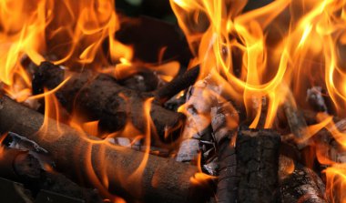 Izgarada ateş, piknik sırasında ya da yaz tatilinde kızartılmış et pişirmek için ızgara. Restoran ve kafe alevleri ile barbekü reklamları için arka plan kömürü şenlik ateşi. Menü arkaplanı