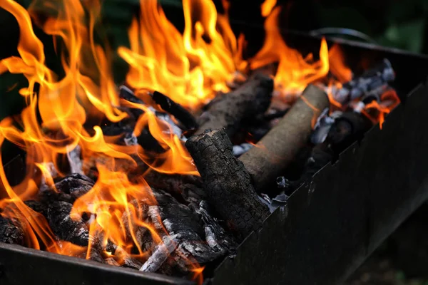 Fire on the grill, grill for cooking fried meat in nature during a picnic or summer vacation. Background Charcoal bonfire for barbeque advertising with restaurant and cafe flames. Menu background