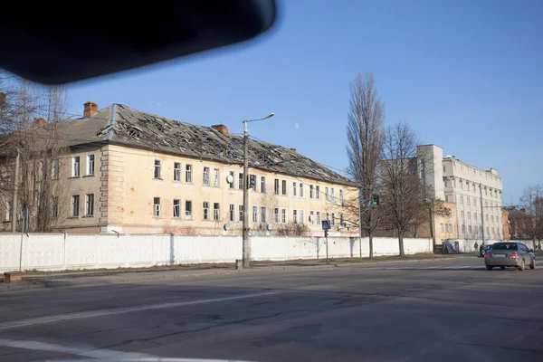 2023 Russian Invasion Ukraine Roof Barracks Military School Zhytomyr Destroyed — Stock Photo, Image