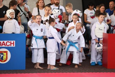 ODESSA, UKRAINE - 21 Eylül 2024: Çocuk ve gençlik sporları. Ukrayna Karate Kupası. Seyircilerin ebeveynleri destek grubuna koçluk yapıyor, sporcuları duygusal olarak destekliyor. Tribünlerdeki hayranlar karate