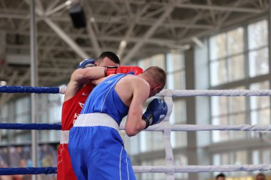 ODESSA, UKRAINE - 10 Mart 2025 Ukrayna Boks Kupası. Son dövüş ağırlığı 60 kg, Red-Aider Abdurahimov Blu - Maksim Vlacyk -60. Ringde kanlı bir dövüş. Erkekler şampiyonluk unvanı için ringde boks yaparlar.