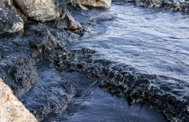 Kaya kıyısı, petrol sızıntısı gökkuşağı parıltısıyla kaplı karanlık dalgalarla vuruyor, çevresel felaketin sembolü ve petrol kirliliği sonrasında deniz kirliliğinin yol açtığı deniz yaşamına tehdit oluşturuyor.
