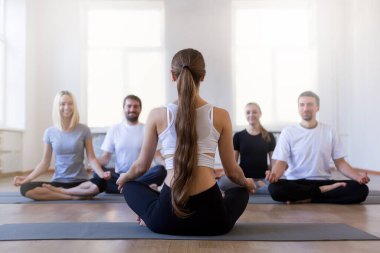 Grup dersi sırasında eğitmenle yoga yapan, Mats in Lotus pozisyonunda yan yana oturan, modern stüdyoda meditasyon yapan, bayan sınıfa geri bakış koçu olan bir grup genç. Yüksek kalite fotoğraf