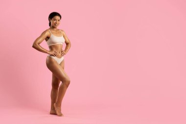 Bej iç çamaşırlı, elleri pembe stüdyo arka planında duran Afro-Amerikan bir kadının tam vücut portresi. Zenginlik ve güçlendirme kavramı