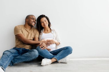 Beyaz Duvar 'ın yanında oturan, fotokopi uzayına bakan, hayali siyah hamile çift, romantik Afrikalı genç Amerikalı eşler kucaklaşıyor ve gülümsüyor, gelecekteki ebeveynliğin tadını çıkarıyorlar.