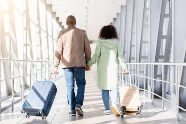 Tatil gezisi. Havalimanı terminalinde bavulla yürüyen siyah bir çiftin arka görüntüsü, romantik Afrikalı Amerikalı erkek ve kadının el ele tutuşması,