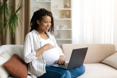 Dizüstü bilgisayarla koltukta oturan mutlu hamile kadın karnına sarılıp gülümsüyor. Konforlu ev ortamı dijital bağlantı, doğum öncesi bakım ve ev yaşam tarzından çalışma, kopyalama alanı