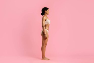 Pembe arka planda bej iç çamaşırlı Afro-Amerikan kadın profili. Sağlıklı kıvrımlar ve doğal güven sağlık, vücut pozitifliği ve moda temaları için idealdir.