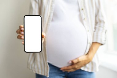 Beyaz ekranlı akıllı telefonu tutan hamile bir kadının yakın çekimi. Uygulama modeli, teletıp, annelik hizmeti veya hamilelik için dijital araçlar, kolaj için ideal