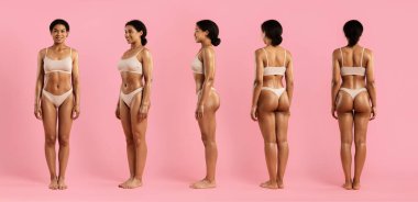 İç çamaşırlı genç siyahi kadının yan ve açılı görüntüsü, sağlıklı, atletik vücudunu, yumuşak pembe stüdyo arka planına karşı doğal pozlarla sergiliyor. Moda ve sağIık kullanımı için, kolaj.