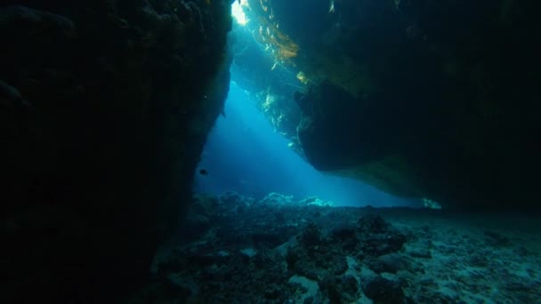 Krajina Pohled Sluneční Světlo Tančící Povrchu Podmořské Jeskyni Skalními Stěnami — Stock video