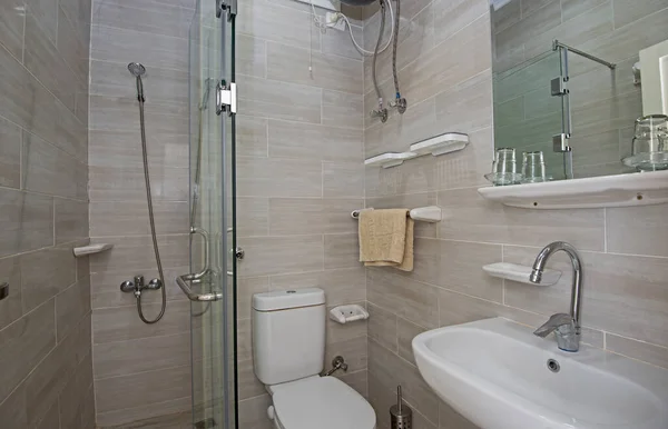 带有淋浴间和洗涤槽的豪华家庭式浴室室内设计 图库图片